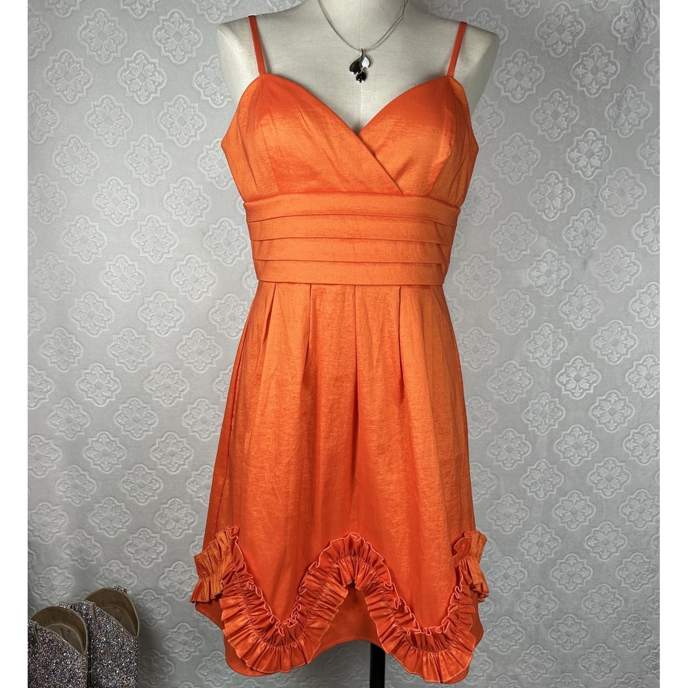 Vtg Y2K Be Smart Orange Asymmetric Ruffle Midi Dress Sz 10 Formal Chiffon Slip